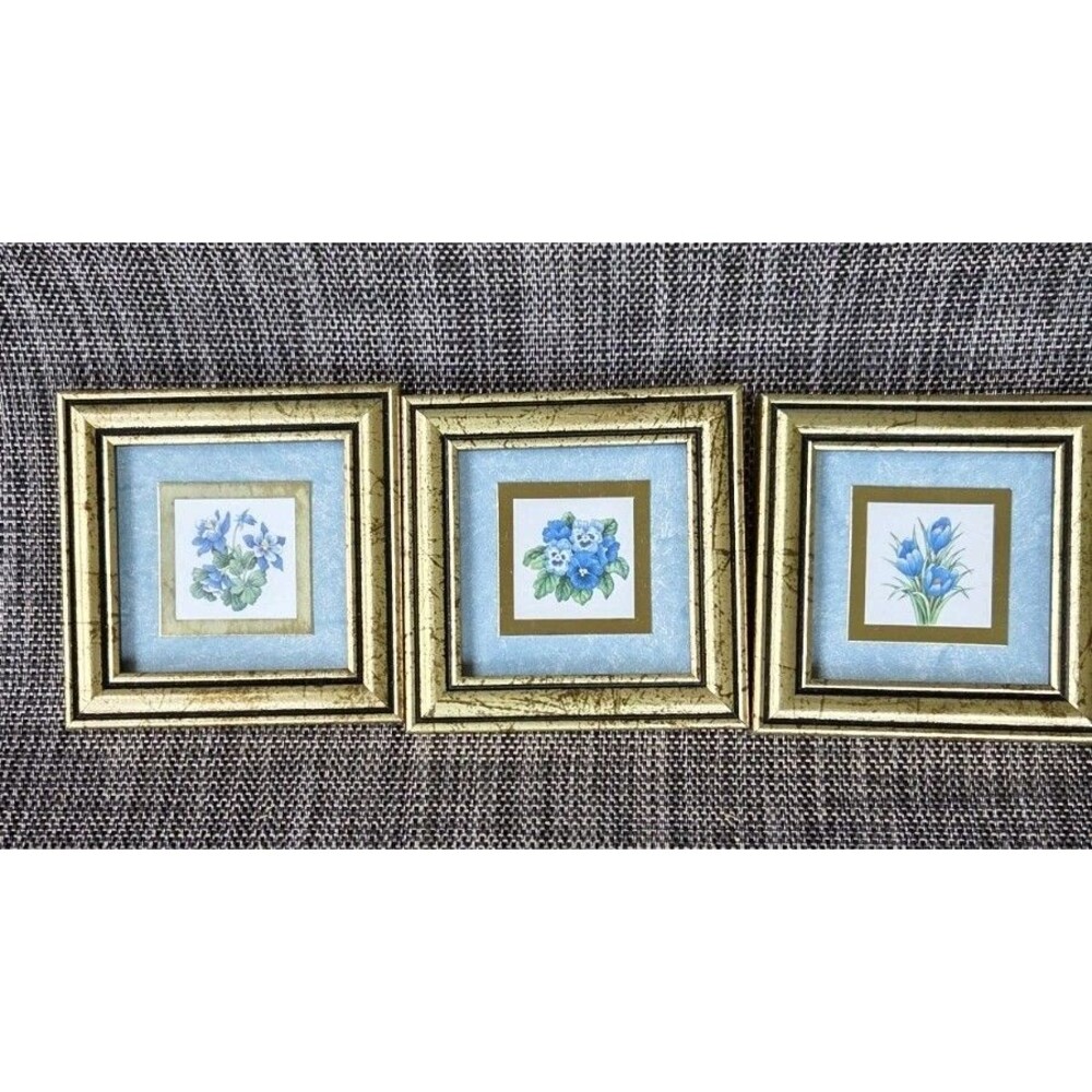 3 Miniature Pictures By Kathy Seek Blue Flowers Gold Frames 4x4